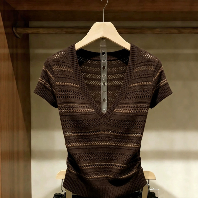 Korean-Style Atmospheric Coffee-Colored Striped Deep V-Neck Short-Sleeve Knit Top for Women, New Summer Model, Unique and Versatile Top