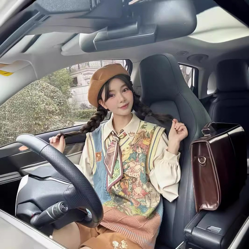 春秋新款甜美清新印花开衫毛衣女美拉德棕色V领针织外套宽松显瘦|undefined
