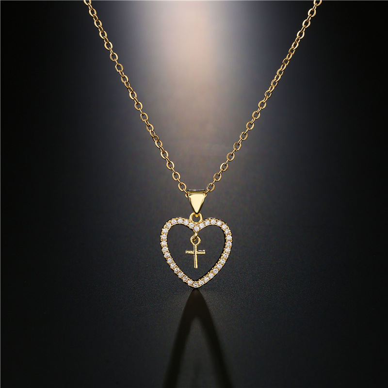 Fashion Copper Micro-inlaid Zircon Jewelry New Gold Heart Cross Pendant Necklace display picture 3