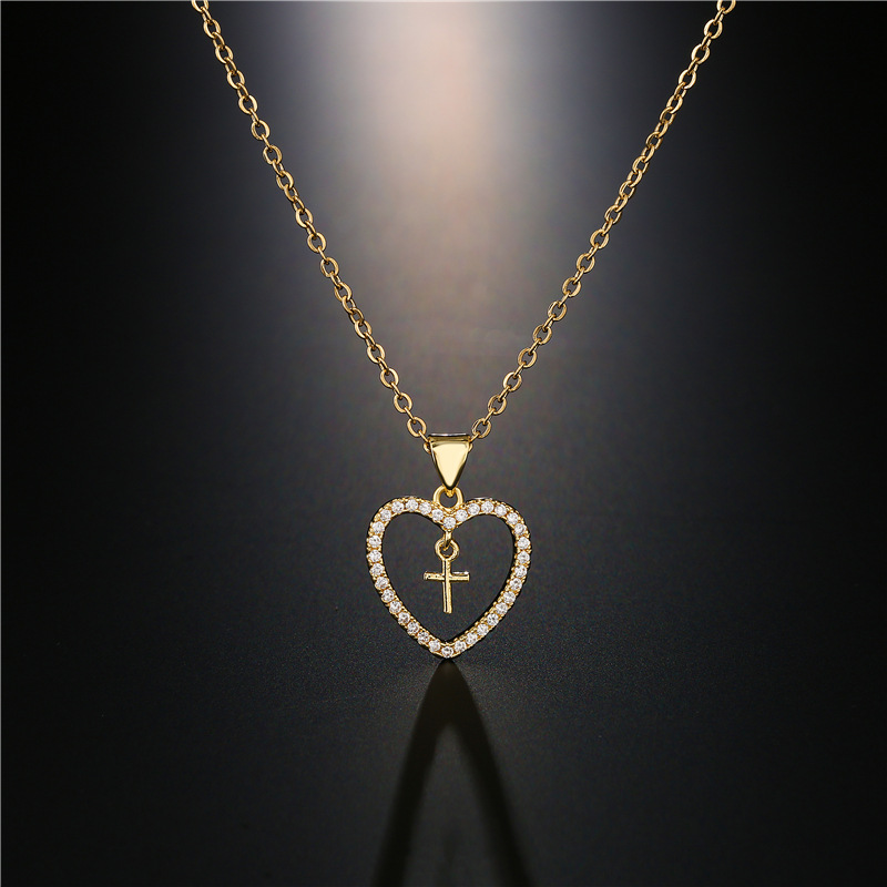 fashion copper micro-inlaid zircon jewelry new gold heart cross pendant necklace
