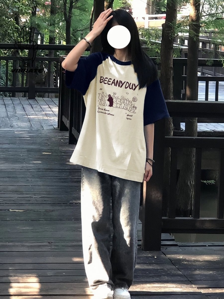 撞色插肩短袖t恤女大童夏季2025新款初中高中大学生宽松棉上衣