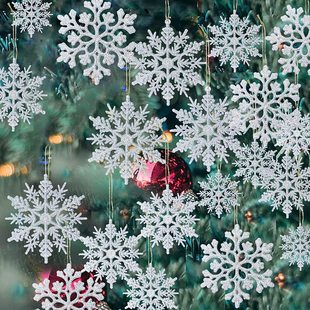 36Pcs Plastic Snowflake Hanging Ornaments, Christmas Tree Decoration Christmas Window Door Accessories, Flocking Snowflake Decor