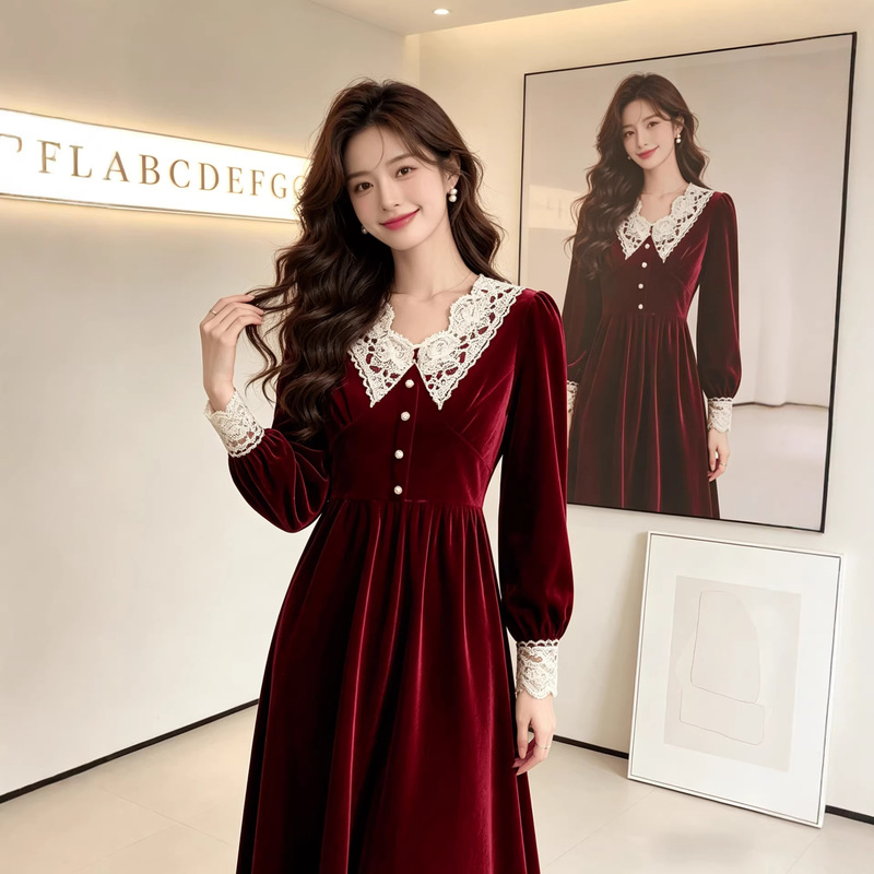 2026 Autumn New Christmas Vintage Party Lace V-Neck Velvet Dress Long Skirt Plus Size Red V-Neck Long Dress 2026 Autumn New Christmas Vintage Party Lace V-Neck Velvet Dress Long Skirt Plus Size Red V-Neck Long Dress