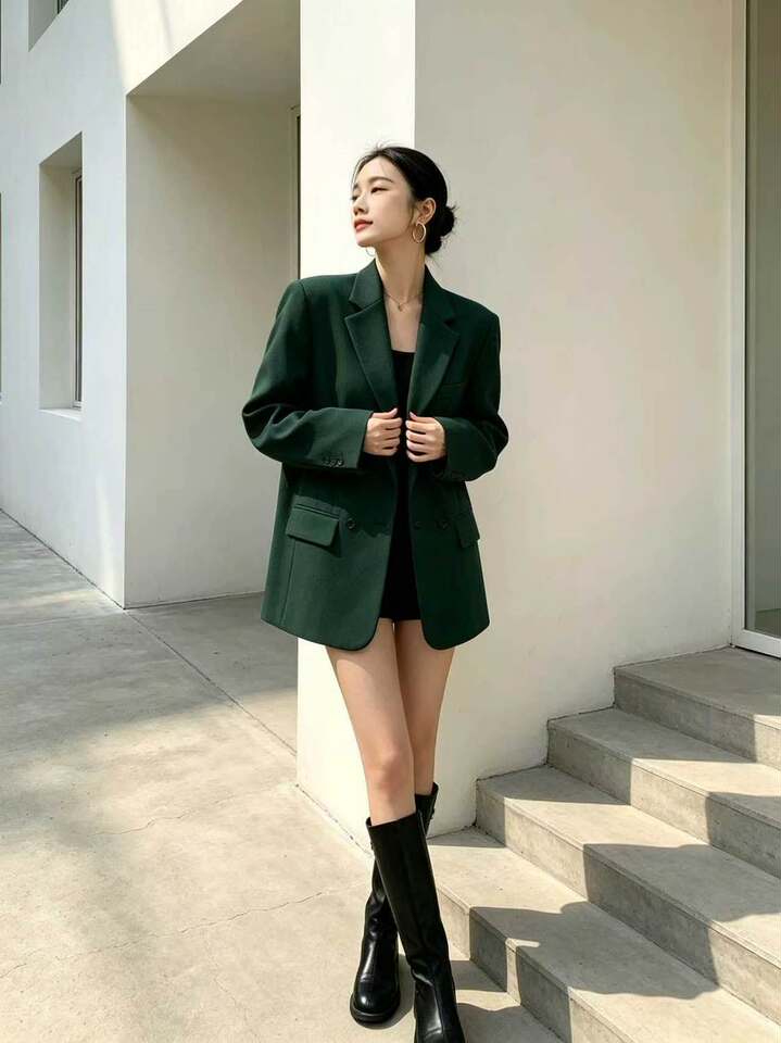 Áo blazer nữ dáng suông cổ vest hai nút tay dài phong cách Hàn Quốc — Màu đen [mẫu chất lượng cao], Nâu, màu xanh đậm, màu xám đậm chi tiết 20