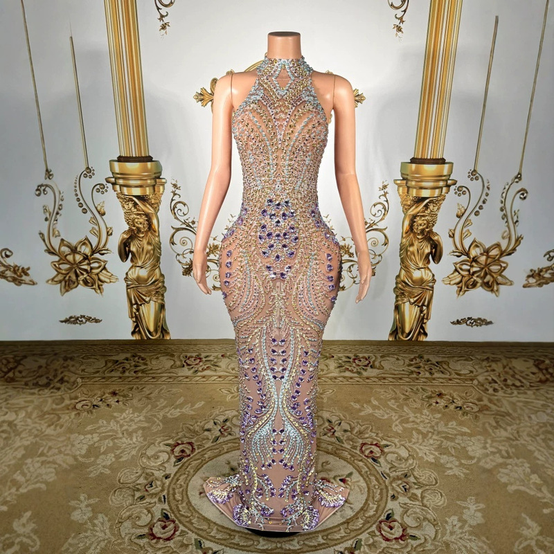 Luxurious Diamond Pearl Mesh See-Through Long Dress Fishtail Dress Bar Performance Ball Party Host Evening Gown