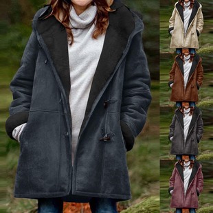 2024 Women's Winter plus size Duffle Solid Color Suede fleece-lined Warm Pocket Coat Long Sleeve Hooded Jacket