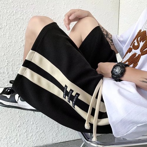 Waffle shorts men's summer Japanese trendy brand splicing contrasting color loose five-point pants Hong Kong style ins trend casual pants