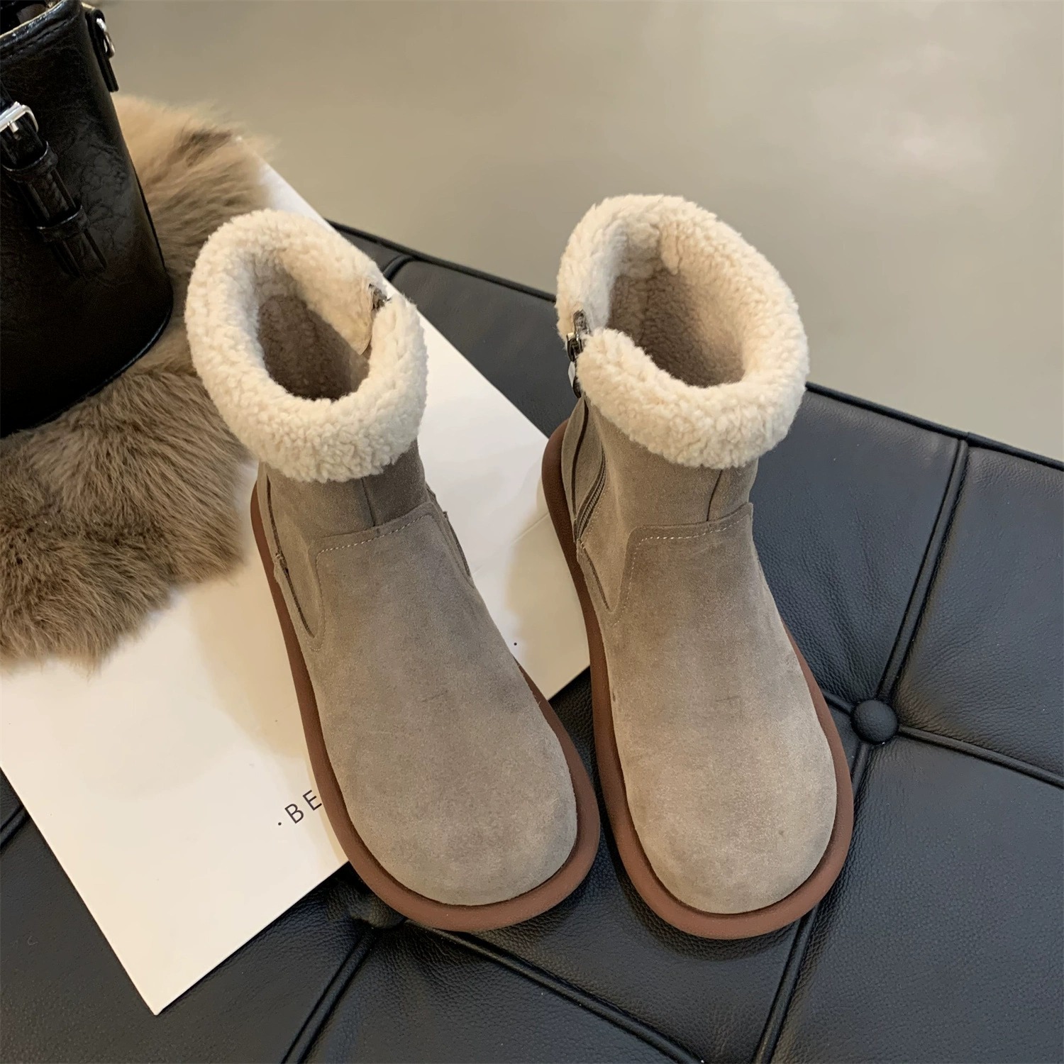 Snow boots women's winter fur one thick warm ankle boots with velvet cotton shoes_voghion.com