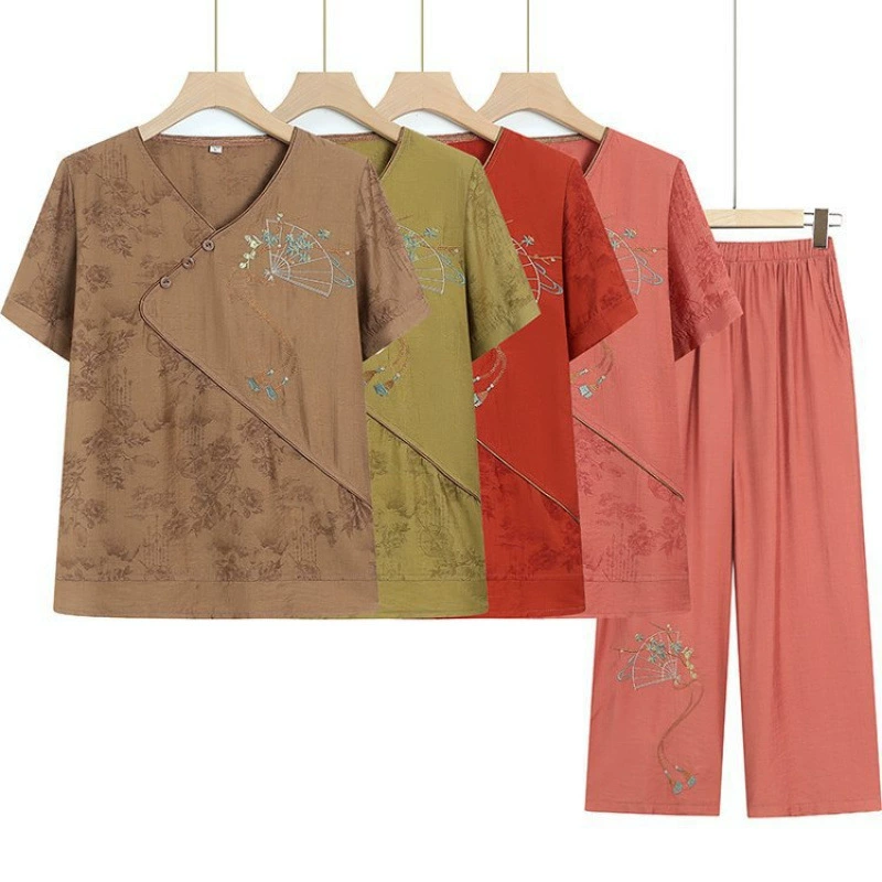 Средний возраст мамы летний костюм 2025 новый китайский хлопковый и льняный топ