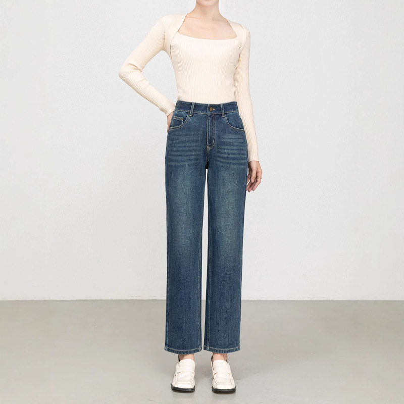 Women's Jeans 2026 Autumn New Four-Way Stretch Elastic Waist Slimming High-Waisted Denim Cropped Straight Pants 8159