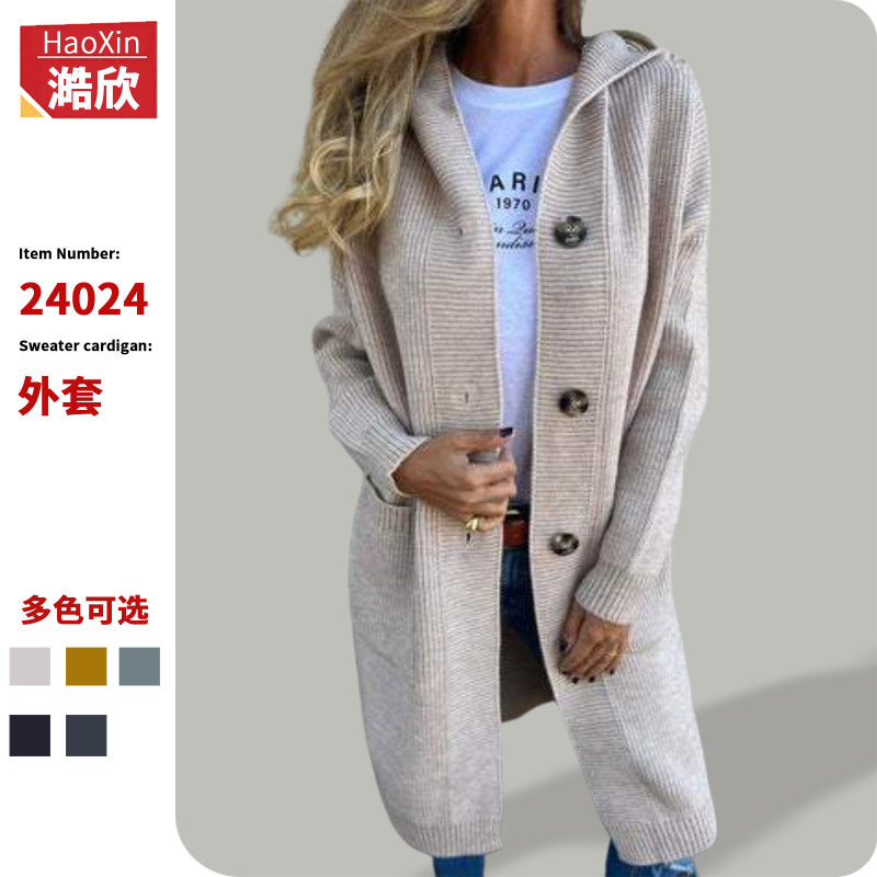 European and American Cross-border Foreign Trade Women's Autumn and Winter Sweater Cardigan Fashion Long Hooded Knitted Coat with Pocket Button for Women European and American Cross-border Foreign Trade Women's Autumn and Winter Sweater Cardigan Fashion Long Hooded Knitted Coat with Pocket Button for Women