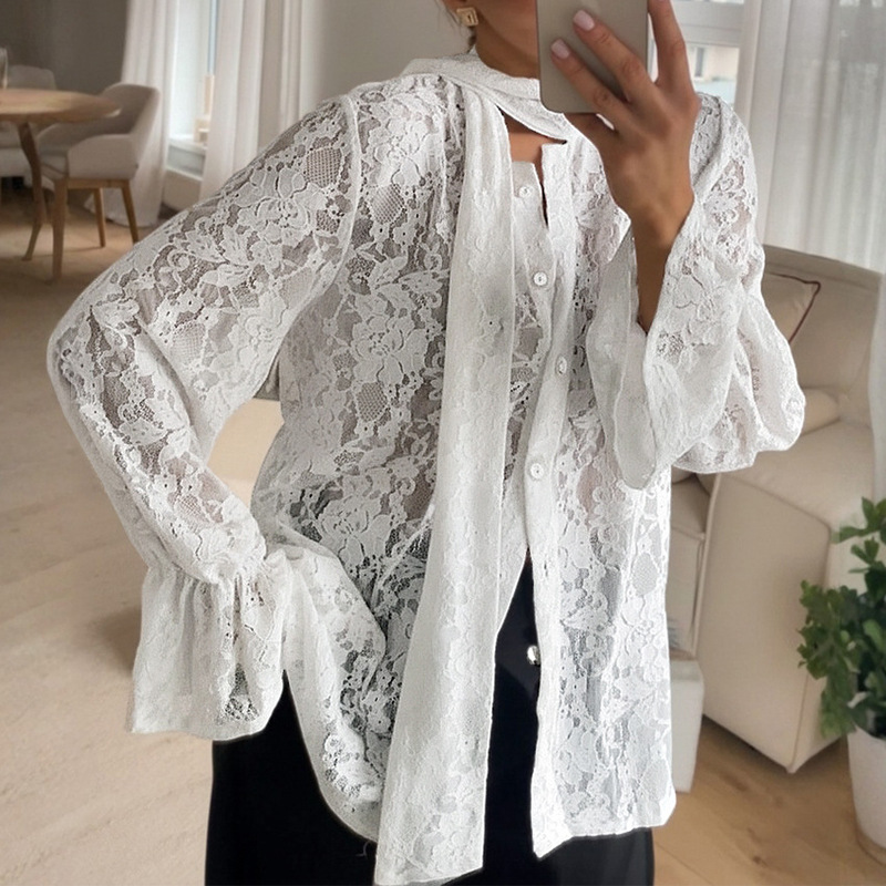 French Lace Long-Sleeved Shirt with Fluttering Collar, Vintage Style Ruffle Sleeve Cardigan, Sheer Top for Women French Lace Long-Sleeved Shirt with Fluttering Collar, Vintage Style Ruffle Sleeve Cardigan, Sheer Top for Women