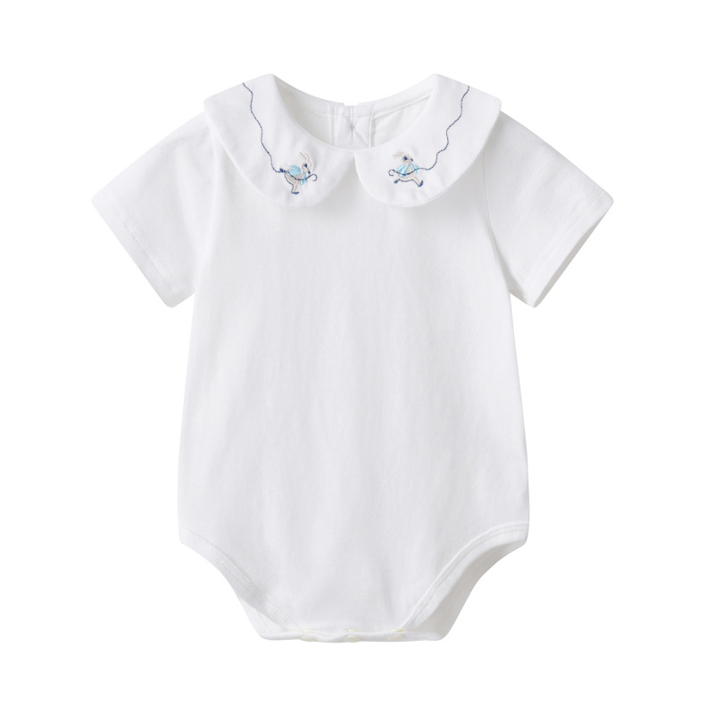Summer Romper Baby Short-Sleeve Onesie with Rabbit Embroidery for Girls, Versatile Thin Style with Doll Collar Triangle Crawling Suit