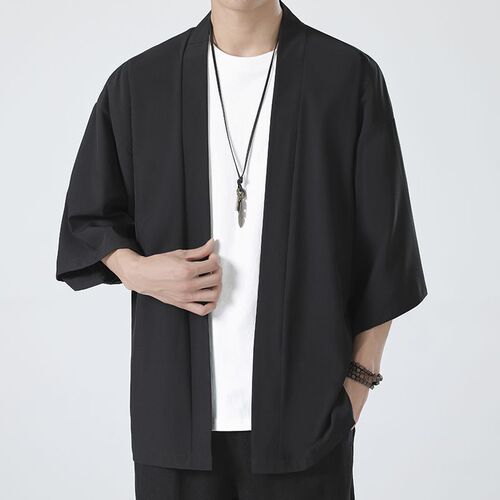 Summer thin ice silk seven-quarter sleeve kimono-style open jacket Chinese-style retro casual cape sun protection outerwear for men