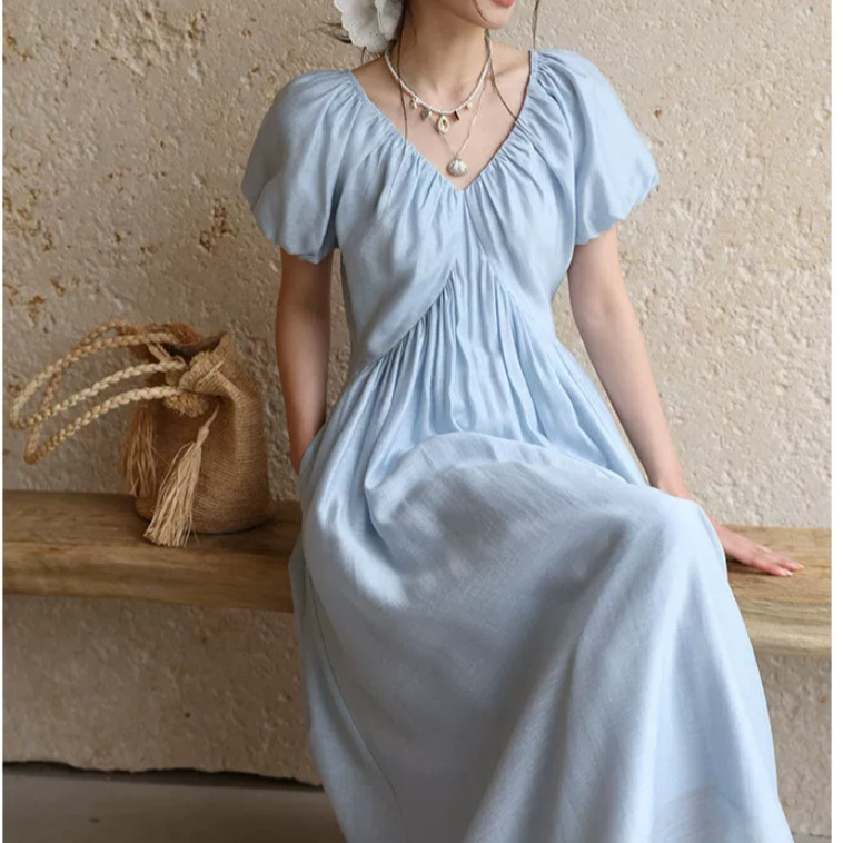 Sena Holiday Lyocell Acetate Short Sleeve Linen French Resort V-Neck Puff Sleeve Dress for Women Sena Holiday Lyocell Acetate Short Sleeve Linen French Resort V-Neck Puff Sleeve Dress for Women