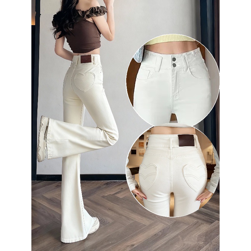 White American-Style Peach Hip Flared Jeans for Women, Fleece-Lined, Autumn and Winter 2025, Designer Elastic Hip-Lifting Bootcut Pants