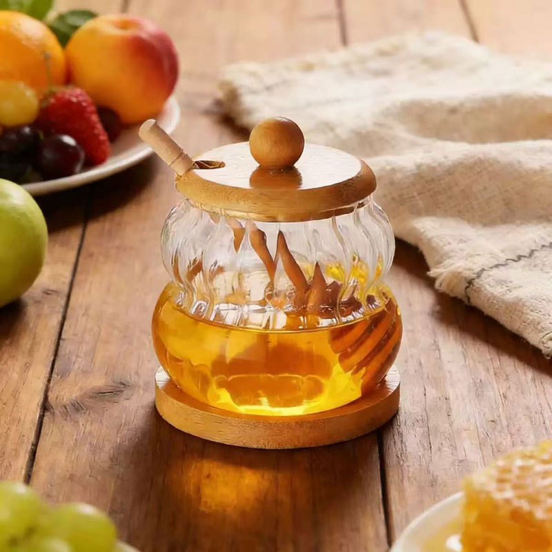 tanque de sellado de vidrio de alto borosilicato de bambú cubierta con barra de agitación tanque de almacenamiento de miel transparente almacenamiento doméstico de alto valor facial