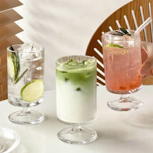 高脚果汁玻璃杯家用高颜值树纹直筒创意透明果茶气泡水杯鸡尾酒杯
