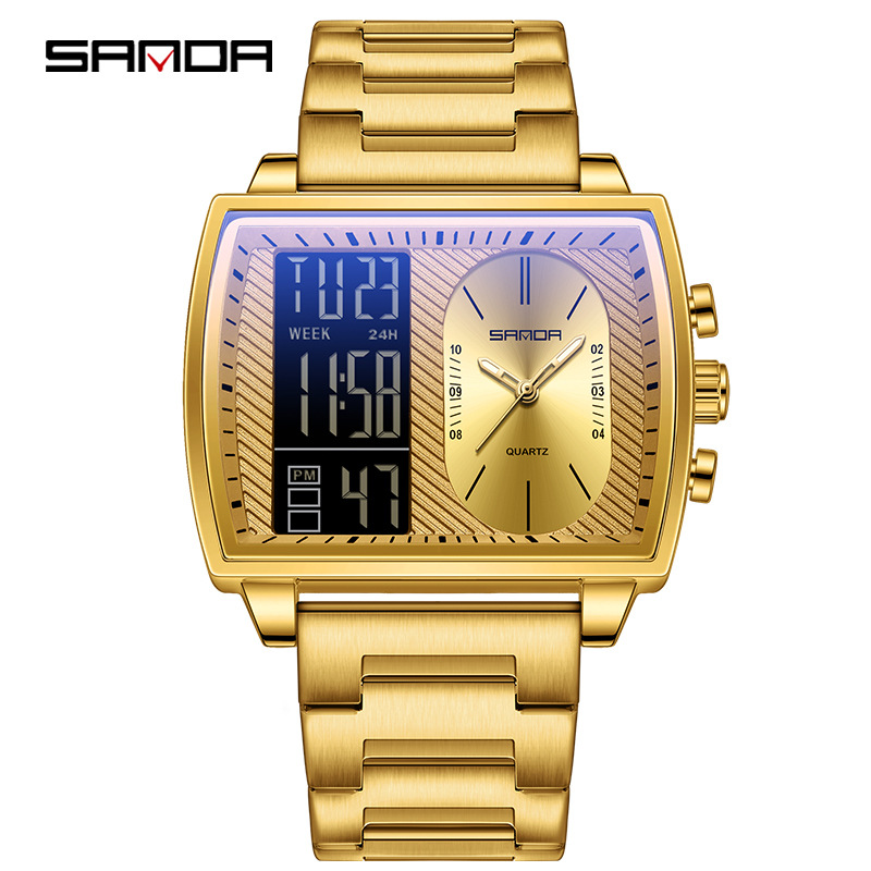 SANDA SANDA 6163 nuevo reloj electrónico de moda doble pantalla multifuncional reloj de hombre impermeable calendario de luz nocturna reloj de hombre