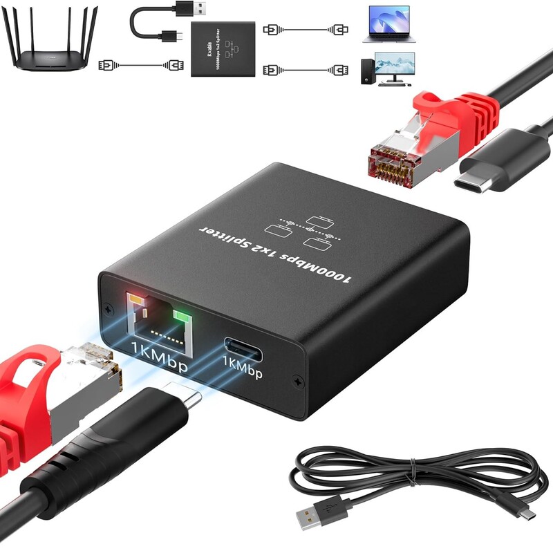 Ethernet One-To-Two Splitter Dual Usb-C Port Rj45 Splitter Gigabit to Dual Type-C Adapter Ethernet One-To-Two Splitter Dual Usb-C Port Rj45 Splitter Gigabit to Dual Type-C Adapter