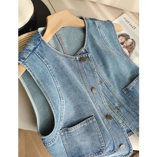 Trendy Versatile Layered Denim Vest for Women Spring Summer Loose Short Petite Sleeveless Jacket Casual Top