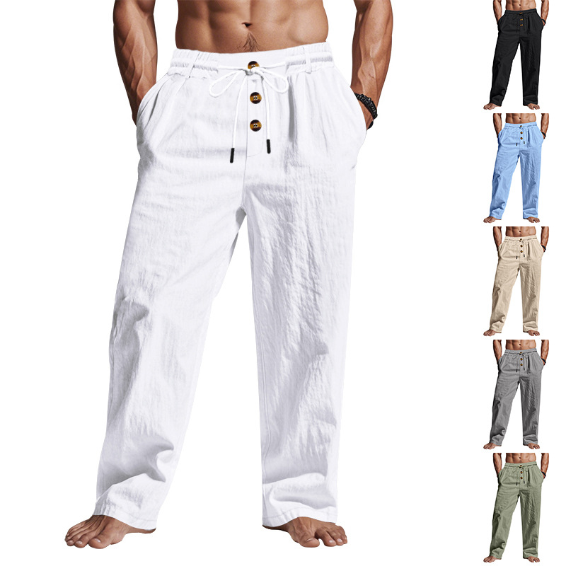 Cross-border Independent Station American Casual Men's Beach Trendy Button Loose Skin-friendly Breathable Sports Linen Trousers