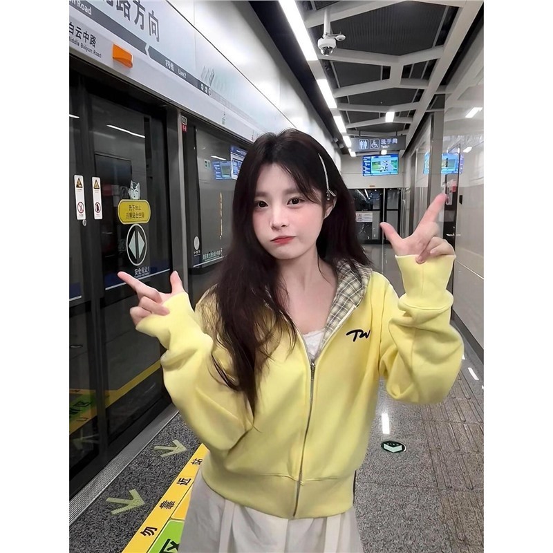 美式复古黄色卫衣女春秋新款设计感格子拼接百搭短款开衫外套上衣|undefined