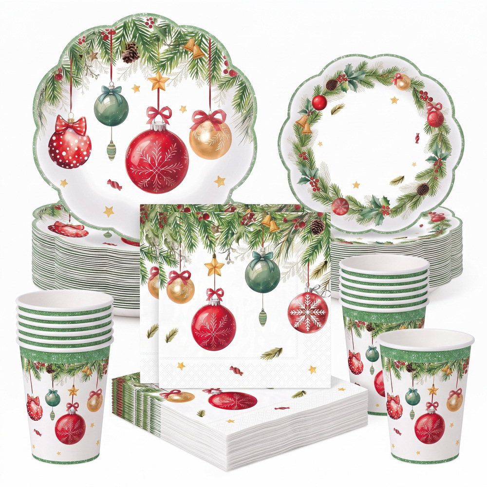 Christmas ball garland party set scallop lace pine branch bow disposable paper plates paper cups napkins tableware