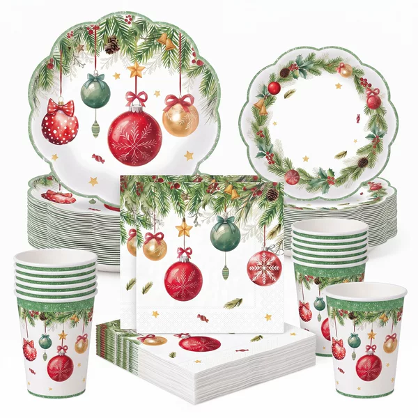 Christmas ball garland party set scallop lace pine branch bow disposable paper plates paper cups napkins tableware