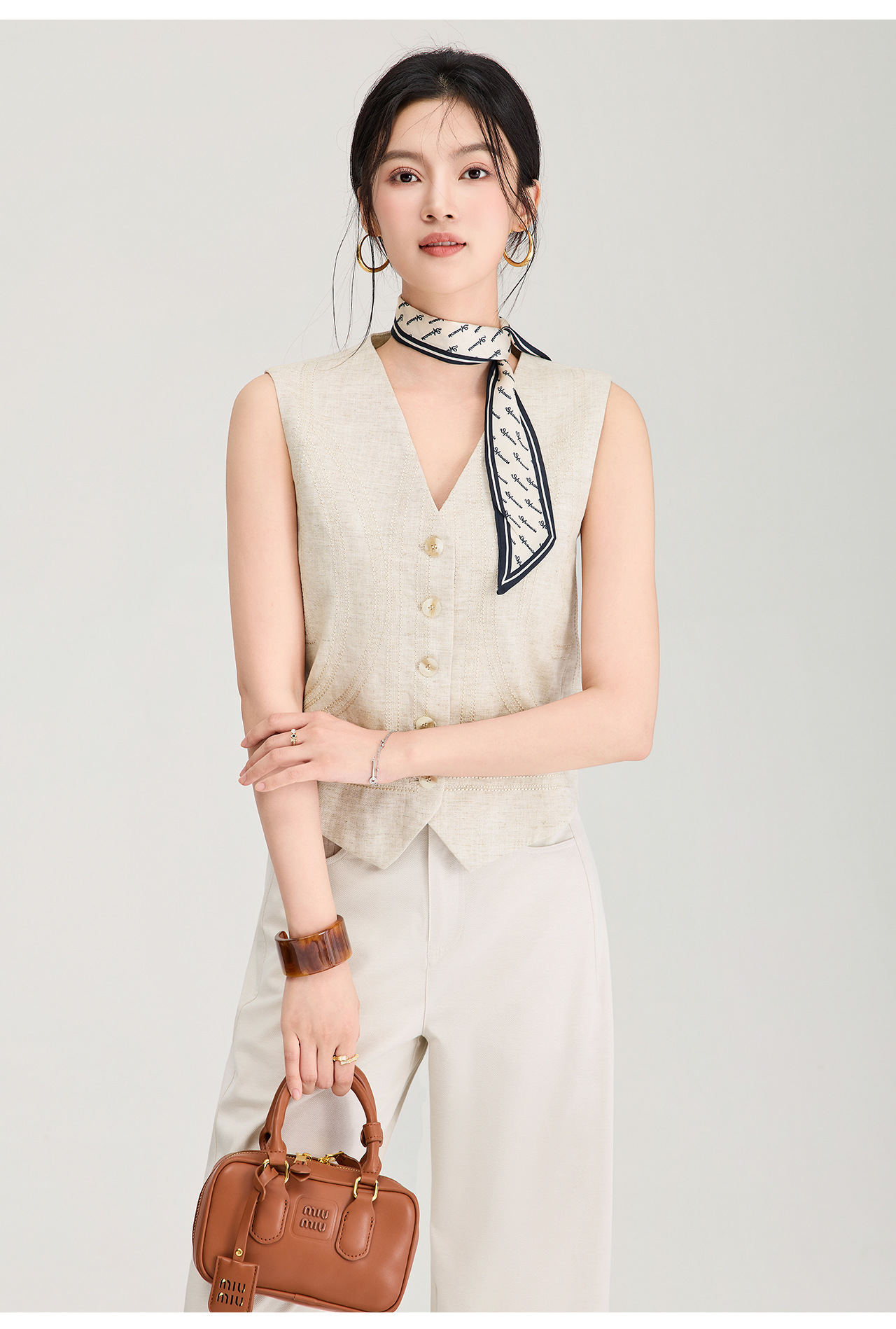 Áo khoác gile không tay cổ chữ V phối lớp phong cách cổ điển chất liệu vải lanh pha sợi Tencel — Màu cà phê chi tiết 16