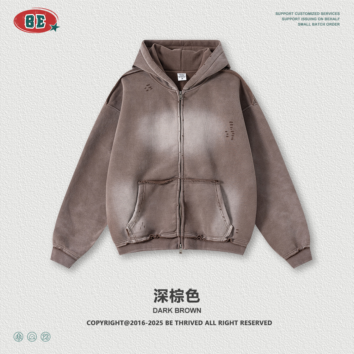 BE ropa de hombre | 2025 otoño marca de moda estadounidense suéter con capucha de calle alta chaqueta de punto con cremallera de borde suelto de mono en aerosol hombre