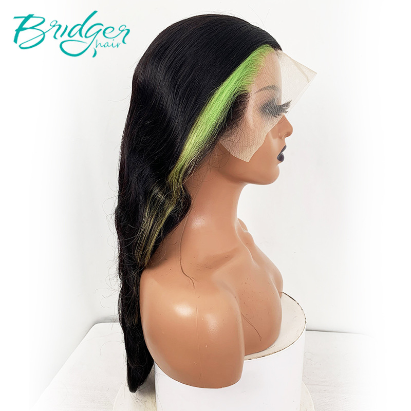 13*4 lace wig side pick two strands of 613 dyed green human hair Wigs_voghion.com