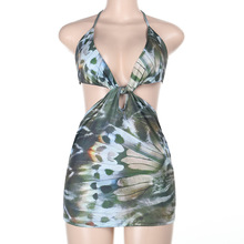 YL25152欧美跨境夏季新款度假印花镂空露背沙滩短裙包臀裙连衣裙