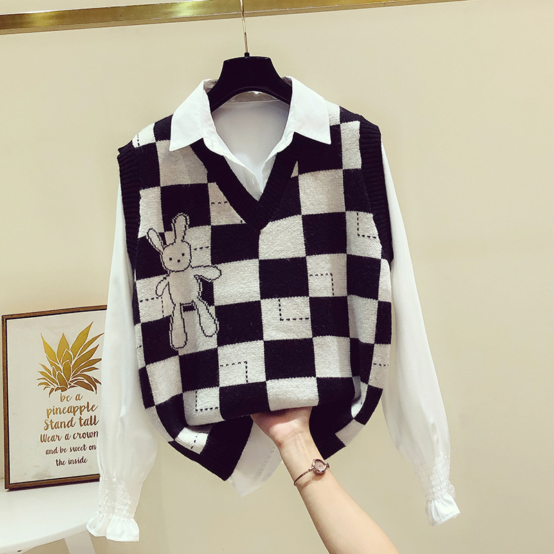 New Spring and Autumn V-neck Korean Vest Plaid Top Women's Fashionable All-match Loose Knitted Sweater Vest Cute Rabbit