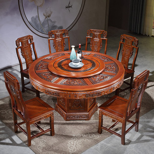 Chinese-style Solid Wood Round Dining Table and Chair Combination Household Oak Carved Dining Table with Turntable Hotel Restaurant Large Round Table