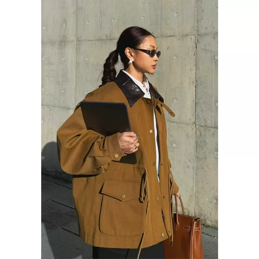 四媛 巴恩风拼接领复古抽绳夹克工装宽松短外套女25秋冬新款1021