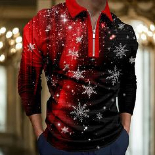 New Men's 3D Printed Casual Long-Sleeve European and American Fashion Simple Trend Polo Shirt