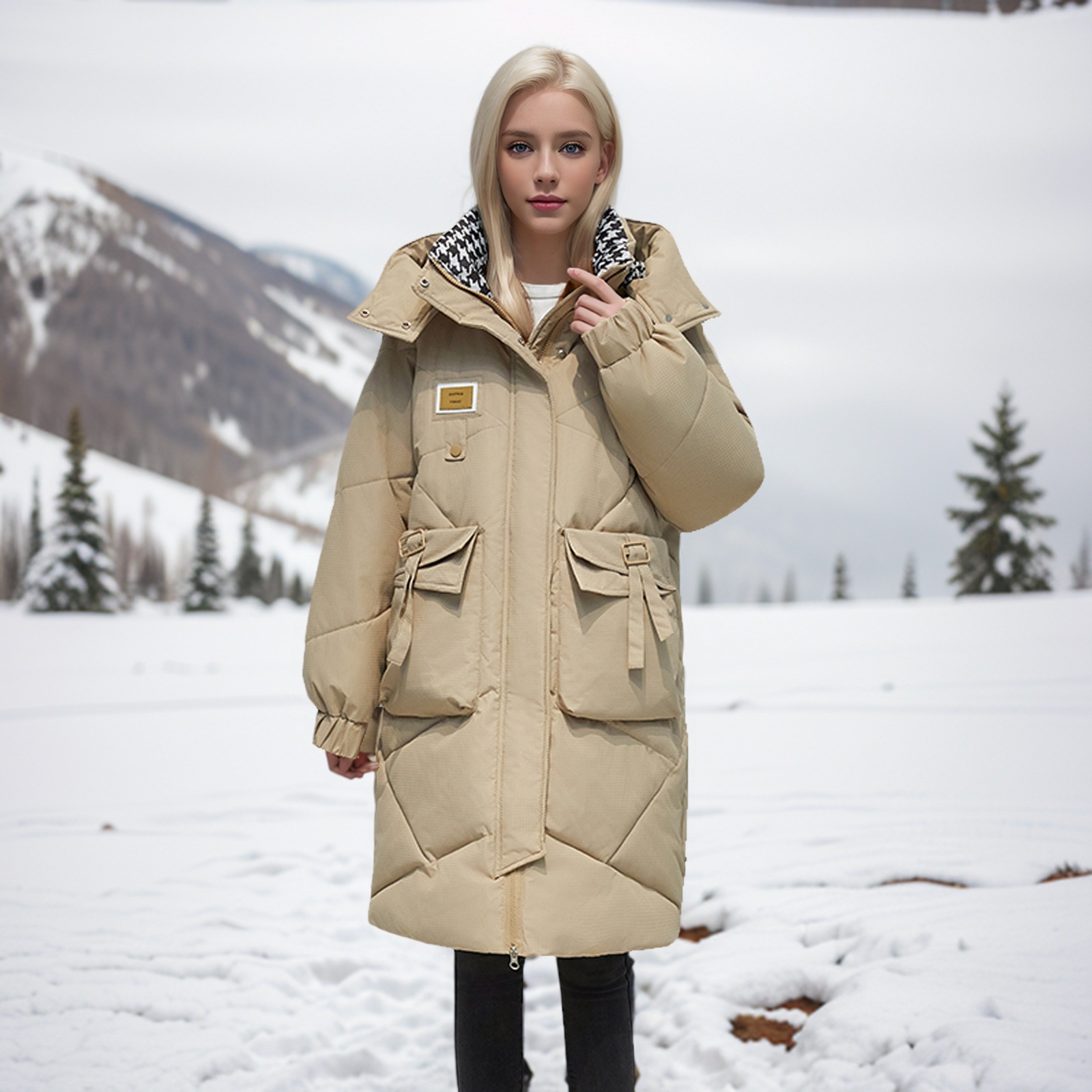 Nova zimska crno-zlatna perjana jakna za žene iz 2024. godine, srednje duga do duga, s kapuljačom, zadebljana, topla i moderna_voghion.com