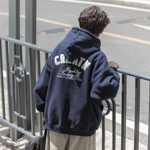 Cobalt Blue Heavyweight Sweatshirt for Men, Japanese Cityboy Style, Padded Hooded Sweatshirt, American Retro Oversize Student Jacket