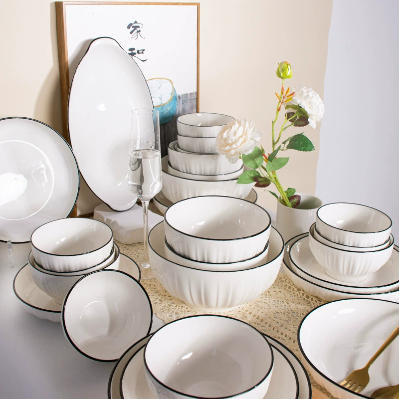 Ceramic Tableware Set, Step-by-Step Lotus Pattern, Multi-Size Bowls & Plates (4.5–8 inch)
