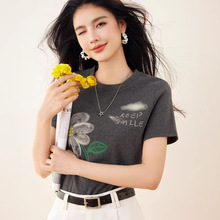 R4008天猫花朵图案钉珠短袖T恤女欧洲站新款女装洋气打底衫潮上衣