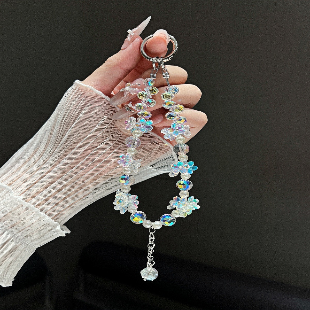 Cadena de teléfono móvil de cristal al por mayor, cadena colgante de carcasa de teléfono móvil de nicho, nueva gota de agua tridimensional, borla de copo de nieve, cordón de cuentas, hada