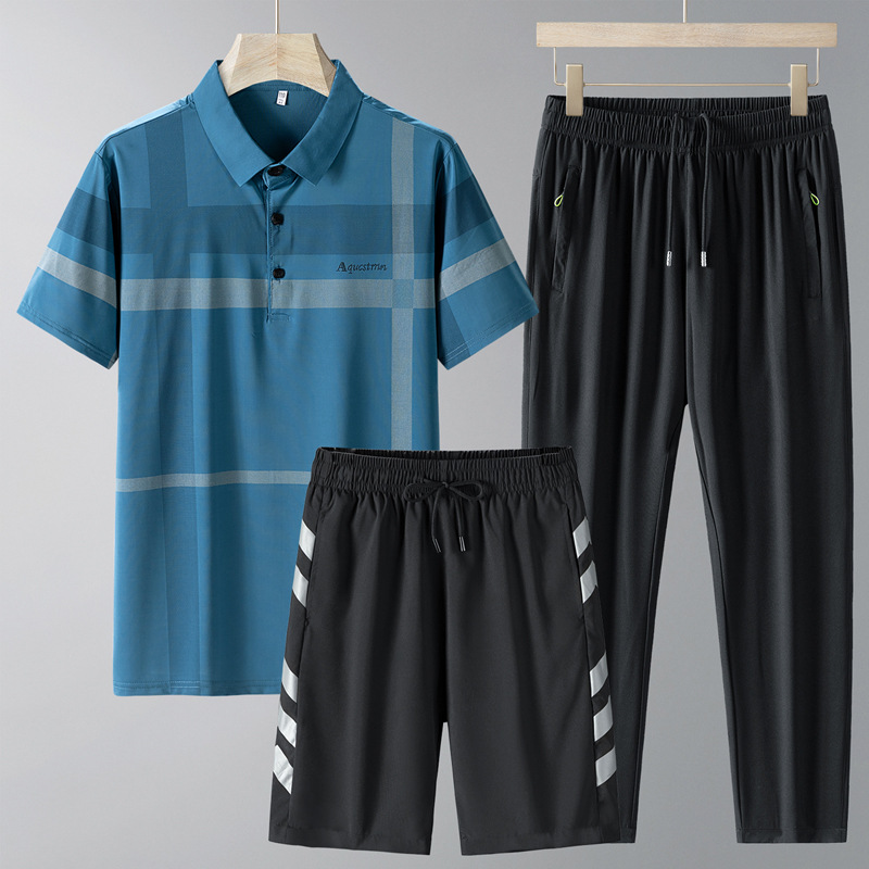 Papá traje deportivo de verano para hombre seda de hielo POLO camiseta de solapa transpirable de secado rápido traje de tres piezas de ropa casual de mediana edad y ancianos image 3