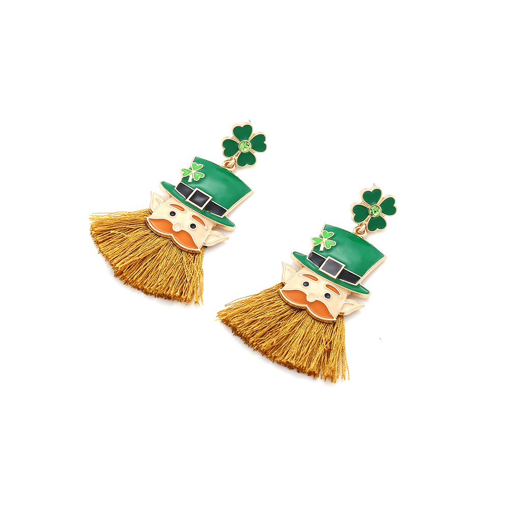 1 Pair Cartoon Style Shamrock Cartoon Character Tassel Enamel Alloy Rhinestones Drop Earrings display picture 4