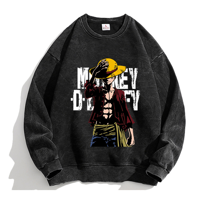 Japanese style one piece Nica Luffy sweater men's autumn student round neck long sleeve shirt trendy washed retro style all-matching