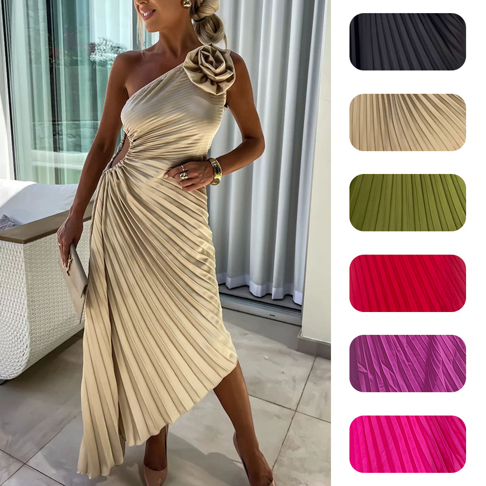 Women's new solid color dress fashion sexy oblique shoulder pleated hollow dress 8043