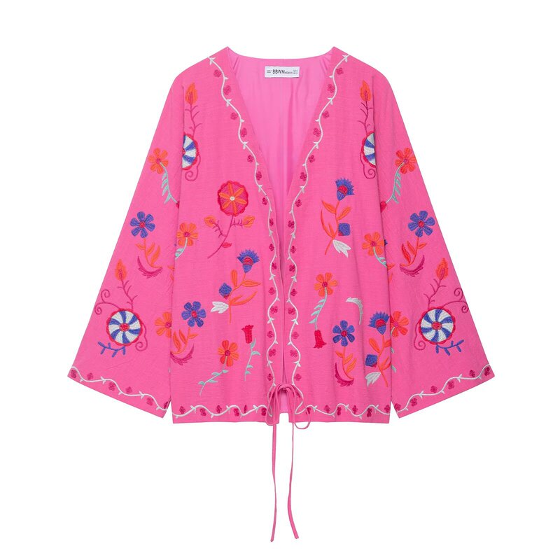 Zr Women's European and American Style 2025 Autumn New Embroidered Kaftan Long Shirt Loose, Plaid and Easiest for Match Cardigan Top