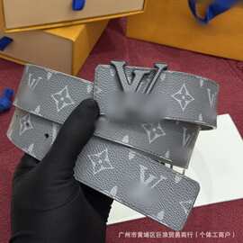 欧洲站高级灰色印花年轻人正装裤腰带 按扣3.5CM真皮男士通勤皮带