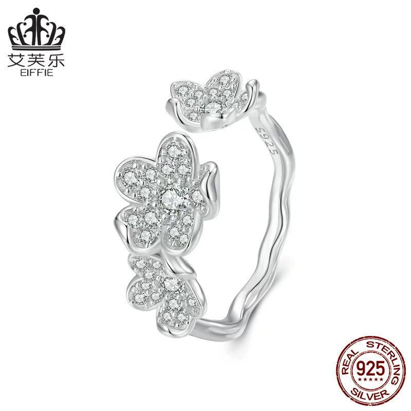 艾芙乐 Platinum cute ring with zircon, adjustable accessory, silver 925 sample, simple and elegant design, flowered