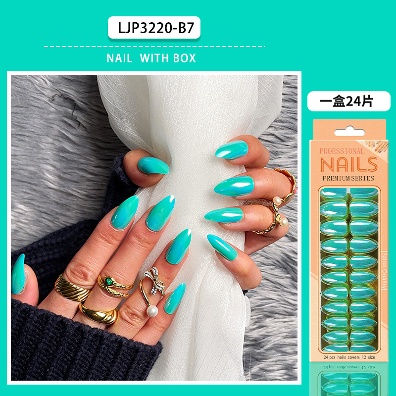 Uñas postizas removibles de color sólido brillante, 24 piezas, puntas de uñas largas en forma de almendra en una caja de papel, uñas de longitud media para decoración de uñas.